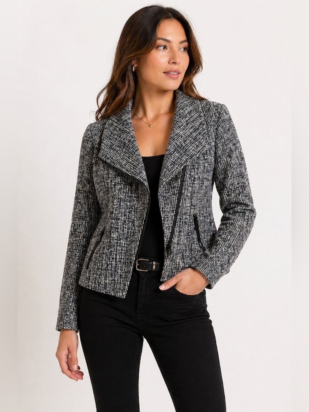 Halogen Black Ivory Tweed Moto Jacket Size S NWT Asymmetrical Zip Nordstrom